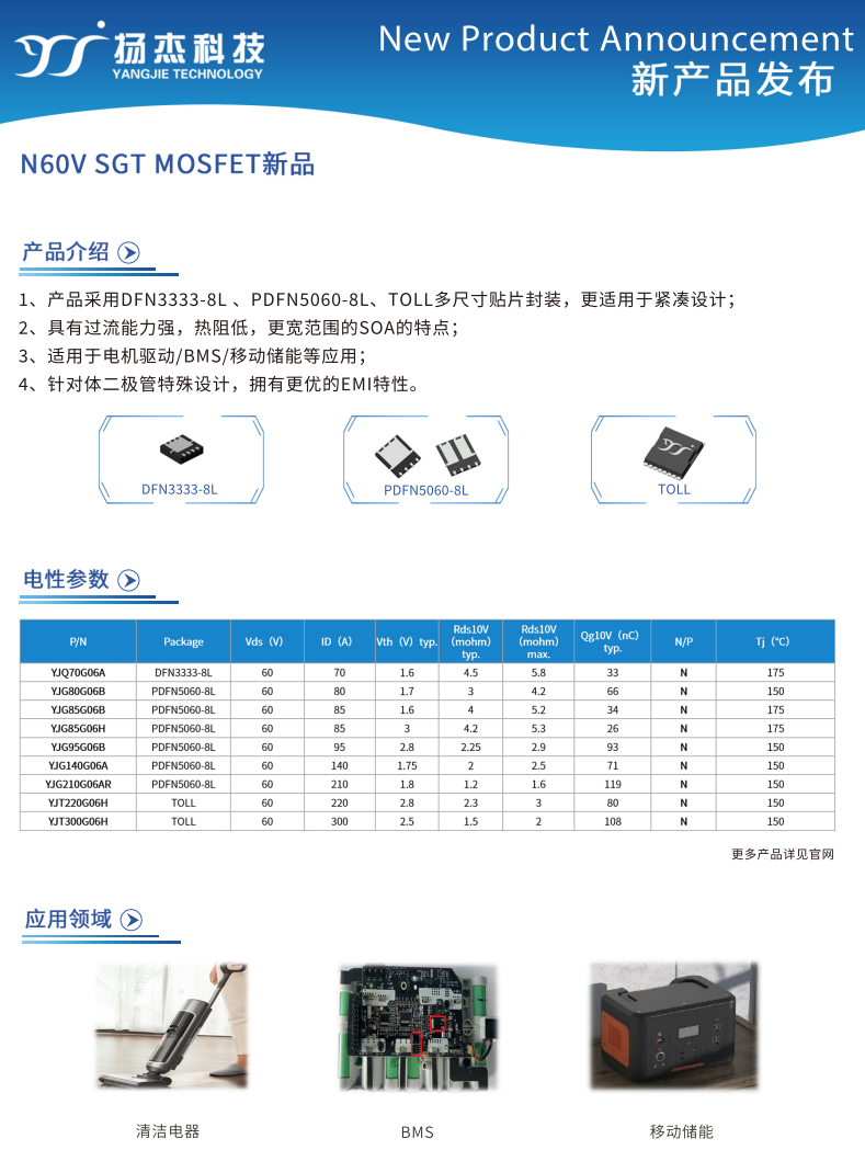 揚杰60V低壓MOS SGT新品發(fā)布